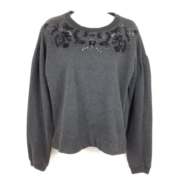 MAEVE ANTHROPOLOGIE Crew Neck Cotton Blend Charcoal Grey Beaded Sweater - Picture 1 of 6